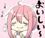  =_= ahoge bangs blush_stickers closed_eyes closed_mouth eating engiyoshi eyebrows_visible_through_hair facing_viewer food hair_between_eyes holding holding_food kagamihara_nadeshiko long_hair pink_hair scarf sidelocks solo translated white_scarf yurucamp 