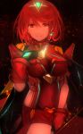  blush breasts earrings fingerless_gloves gloves hair_ornament highres homura_(xenoblade_2) jewelry large_breasts looking_at_viewer red_eyes red_hair short_hair shorts sidelocks simple_background smile solo tarbo_(exxxpiation) tiara xenoblade_(series) xenoblade_2 