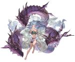  bare_shoulders barefoot blue_hair breasts cleavage collarbone dragon full_body granblue_fantasy long_hair looking_at_viewer looking_away medium_breasts midriff minaba_hideo navel official_art open_mouth outstretched_hand pointy_ears purple_eyes serious shorts strapless tiamat_(granblue_fantasy) transparent_background tubetop 
