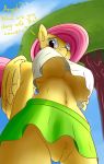  2017 ? anthro big_breasts bottomless braless breasts clothed clothing cloud crop_top dialogue english_text equine eyelashes feathered_wings feathers female fluttershy_(mlp) friendship_is_magic fur hair hi_res huckser inner_ear_fluff looking_at_viewer looking_down low-angle_view mammal my_little_pony navel outside pegasus pink_hair pubes pussy shirt skirt sky solo_focus standing teal_eyes text tree under_boob unseen_character wings yellow_feathers 