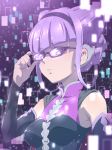  armpits bangs bespectacled commentary detached_sleeves glasses hair_bun hairband hugtto!_precure looking_at_viewer precure purple_eyes purple_hair ruru_amour solo square tj-type1 upper_body 