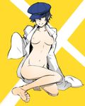  bad_id bad_pixiv_id barefoot breasts cabbie_hat dress_shirt feet hat legs lowres medium_breasts naked_shirt open_clothes open_shirt oversized_clothes persona persona_4 shirogane_naoto shirt short_hair solo toe_scrunch tori_(driftwood) 