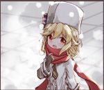  1girl bangs black_gloves blonde_hair breath center_frills eyebrows_visible_through_hair fingerless_gloves frills fur_hat girls_frontline gloves hair_between_eyes hand_up hat highres jacket long_hair matsuo_(matuonoie) nagant_revolver_(girls_frontline) red_eyes red_scarf scarf solo upper_body ushanka white_hat white_jacket wide_sleeves 