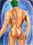  1boy ass green_hair inmomakuro male male_focus muscle nude one_piece roronoa_zoro solo 