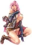  blue_eyes boots breasts cleavage elbow_gloves final_fantasy final_fantasy_xiii full_body gloves huge_breasts kneeling lightning_farron long_hair looking_at_viewer maimu miniskirt nipples open_clothes open_shirt panties pantyshot pantyshot_(sitting) pantyshot_(squatting) parted_lips pink_hair shirt simple_background sitting skirt solo squatting thigh_strap underwear unzipped upskirt white_background white_panties 