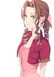  aerith_gainsborough arms_behind_back blue_eyes braid breasts brown_hair cleavage drill_hair final_fantasy final_fantasy_vii hair_ribbon highres long_hair looking_at_viewer pink_ribbon pink_shirt ponytail ribbon shirt short_sleeves simple_background small_breasts smile solo toto twin_drills upper_body white_background 