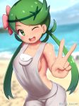  ;d alternate_skin_color arisu_kazumi armpits bangs blush breasts dark_skin flower green_eyes green_hair hair_flower hair_ornament mao_(pokemon) naked_overalls one_eye_closed open_mouth overalls pokemon pokemon_(game) pokemon_sm sideboob small_breasts smile solo swept_bangs trial_captain twintails twitter_username v 