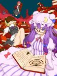  :&lt; :/ apron armband bat_wings bespectacled black_dress blonde_hair book book_stack bow braid capelet commentary_request crescent crescent_moon_pin dress dress_shirt drooling floating frills glasses hair_ribbon hat hat_bow hat_removed head_wings headwear_removed holding holding_book ishimu juliet_sleeves kirisame_marisa koakuma long_hair long_sleeves looking_at_viewer looking_over_eyewear lying magic_circle mob_cap multiple_girls necktie open_book patchouli_knowledge puffy_short_sleeves puffy_sleeves purple_dress purple_eyes purple_hair red-framed_eyewear red_hair red_neckwear ribbon semi-rimless_eyewear shirt shoes short_sleeves side_braid sidelocks sitting sitting_on_books skirt skirt_set sleeping striped striped_dress too_many too_many_books touhou tress_ribbon under-rim_eyewear very_long_hair vest waist_apron white_shirt wide_sleeves wings witch_hat 