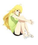  ahoge blonde_hair breasts epitaph_(1122) green_eyes highres hoshii_miki idolmaster idolmaster_(classic) long_hair looking_at_viewer medium_breasts sandals shorts simple_background smile solo very_long_hair white_background 