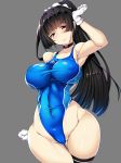  absurdres arm_up armpits black_hair blue_swimsuit blush breasts cameltoe choker competition_swimsuit eyebrows_visible_through_hair gloves hand_on_head headdress highres impossible_clothes impossible_swimsuit isokaze_(kantai_collection) kantai_collection large_breasts long_hair looking_at_viewer nipples one-piece_swimsuit ponytail see-through smile solo swimsuit torisan wide_hips 