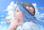 black_hat blue_hair blue_sky closed_mouth cloud cloudy_sky commentary_request day face floating_island food from_side fruit hat highres hinanawi_tenshi leaf long_hair nagi_(xx001122) peach profile red_eyes shirt short_sleeves sky solo touhou white_shirt wind 
