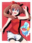  :d bike_shorts black_shorts blue_eyes breasts brown_hair cowboy_shot eyebrows_visible_through_hair floating_hair gen_3_pokemon hair_between_eyes hair_ribbon hairband haruka_(pokemon) highres holding holding_poke_ball long_hair looking_at_viewer medium_breasts mudkip open_mouth poke_ball poke_ball_(generic) pokemon pokemon_(game) pokemon_oras red_hairband red_ribbon red_shirt ribbon shirt short_shorts shorts shorts_under_shorts sleeveless sleeveless_shirt smile solo white_shorts yuihiko 