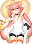  ahoge animal_ears ass_visible_through_thighs bag_of_chips bangs bed_sheet bike_shorts black_shorts blue_eyes cat_ears chips commentary_request controller eyebrows_visible_through_hair food game_controller grin hair_between_eyes hair_bobbles hair_ornament hinata_channel holding holding_food long_hair looking_at_viewer low_twintails lying mathew_(srmmk_mce) nekomiya_hinata on_back pillow pink_hair potato_chips short_shorts shorts sidelocks smile solo striped striped_legwear tank_top thighhighs twintails very_long_hair virtual_youtuber white_tank_top 