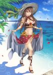  bare_shoulders blue_eyes bracelet breasts brown_hair cleavage commentary_request flower granblue_fantasy hat hat_ribbon inuikentarou_(mfwt5357) jewelry large_breasts long_hair navel open_mouth palm_tree platform_footwear ribbon rose rosetta_(granblue_fantasy) sarong skirt_hold smile solo swimsuit tree 