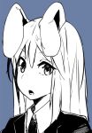  animal_ears blue_background bunny_ears collar commentary eyes_visible_through_hair floppy_ears hair_between_eyes jacket komineya_san long_hair looking_at_viewer open_mouth partially_colored portrait reisen_udongein_inaba solo touhou 