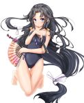  absurdly_long_hair akino_coto barefoot black_hair blue_eyes blush collarbone competition_school_swimsuit fan full_body highres long_hair looking_at_viewer low-tied_long_hair official_art one-piece_swimsuit original school_swimsuit solo swimsuit transparent_background very_long_hair 