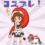  ahoge blush_stickers brown_eyes brown_hair commentary_request cosplay doreking doremy_sweet doremy_sweet_(cosplay) dress emphasis_lines full_body hat head_rest highres looking_at_viewer multicolored multicolored_clothes multicolored_dress nightcap open_mouth polka_dot polka_dot_background pom_pom_(clothes) short_hair smug solo sora_(keneboku) sparkle standing tail tapir tapir_tail touhou translated usami_sumireko white_footwear 