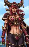  abs absurdres alexstrasza armlet armor artist_name bikini_armor breasts cape choker cleavage dandon_fuga eyebrows gauntlets headgear highres horn_ornament horns large_breasts long_eyebrows long_hair looking_at_viewer midriff navel orange_eyes paid_reward pantyhose patreon_reward pauldrons pointy_ears red_hair red_lips solo warcraft world_of_warcraft 