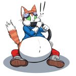  ! 2017 alpha_channel anthro belly belly_inflation big_belly black_nose blinx cat clothed clothing feline fur green_sclera inflation male mammal orange_fur pancak3 simple_background sitting surprise transparent_background white_fur 