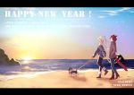  animal_ears beach black_legwear boots brown_hair cat_ears cat_tail closed_eyes dated day dog dog_walking facial_mark final_fantasy final_fantasy_xiv happy_new_year leash lili_mdoki long_hair looking_at_another miqo'te multiple_girls new_year ocean open_mouth scarf short_hair shorts sky sunset tail walking white_hair 