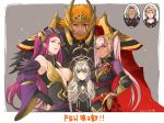  3girls armor armpits bare_shoulders beard black_armor black_sclera breasts cleavage crown dark_skin earrings facial_hair feather_trim feathers fire_emblem fire_emblem_heroes fire_emblem_if gradient_hair grey_hair hair_ornament hand_on_hip height_difference helmet horned_helmet jewelry laevateinn_(fire_emblem_heroes) large_breasts loki_(fire_emblem_heroes) long_hair looking_at_viewer marks_(fire_emblem_if) multicolored_hair multiple_boys multiple_girls mysterious_man_(fire_emblem) not_present orange_hair pink_hair purple_eyes purple_hair red_eyes robaco scar scar_across_eye shoulder_pads surtr_(fire_emblem_heroes) twintails veronica_(fire_emblem) 