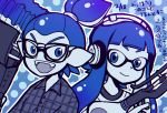  1boy 1girl :d blue blue_eyes blue_hair commentary_request domino_mask fangs glasses glasses-kun_(splatoon) headphone-chan_(splatoon) headphones inkling kuuuuuuran looking_at_viewer mask open_mouth plaid plaid_shirt pointy_ears polka_dot polka_dot_background shirt smile splatoon splatoon_(manga) tentacle_hair translation_request 