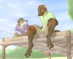  2018 5_fingers absurd_res anthro birthday brown_fur brown_hair claws clothed clothing cute digital_media_(artwork) duo feet fishing fishing_rod fur green_eyes hair hi_res hybrid kangaroo kangootter kelani krazykurt male mammal marsupial marten mustelid open_mouth otter outside pawpads paws pier pine_marten quoll seaside sitting smile summer teeth toe_claws weasel yellow-throated_marten 