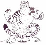  2016 3_toes 4_fingers anthro claws clothed clothing disney fangs feline fur hi_res male mammal monochrome shorts simple_background smile solo sparkles standing striped_tail stripes super-tuler teeth tiger tiger_dancer_(zootopia) toes topless white_background zootopia zootopia_shorts 