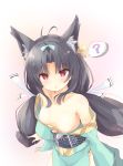  ? absurdres animal_ears antenna_hair azur_lane bangs bare_shoulders bell black_hair blush bow breasts collarbone commentary_request eyebrows_visible_through_hair fox_ears green_kimono hair_bell hair_bow hair_ornament hair_ribbon highres japanese_clothes jingle_bell kimono long_hair long_sleeves looking_at_viewer low_twintails nipples obi off_shoulder parted_lips red_eyes ribbon sash small_breasts solo spoken_question_mark tenjou_ryuka twintails very_long_hair white_ribbon wide_sleeves yellow_bow yuubari_(azur_lane) 