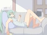  1girl barefoot commentary couch food food_in_mouth green_eyes green_hair hatsune_miku holding holding_food indoors legwear_removed long_twintails lying no_pants on_back panties panty_peek phone pillow reclining salpin skirt skirt_removed sleeveless solo twintails underwear vocaloid 