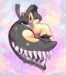  closed_mouth commentary creature drooling full_body gen_3_pokemon jumping looking_at_viewer looking_back mawile no_humans open_mouth pink_background pokemon pokemon_(creature) purple_eyes sharp_teeth smile solo sparkle teeth yellow_skin yiq 