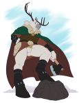  anthro antlers axe balls cervine chastity clothed clothing comfycushion flaccid horn low-angle_view male mammal melee_weapon penis reindeer solo standing thick_thighs weapon 