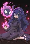  ahoge al_bhed_eyes arm_behind_back arm_support bangs breasts closed_mouth dress gastly gen_1_pokemon hair_between_eyes hairband hex_maniac_(pokemon) highres holding holding_poke_ball long_hair long_sleeves mary_janes medium_breasts nazonazo_(nazonazot) open_mouth poke_ball poke_ball_(generic) pokemon pokemon_(creature) pokemon_(game) pokemon_xy purple purple_dress purple_eyes purple_footwear purple_hair purple_hairband purple_shirt ribbed_shirt shirt shoes sitting smile solo tongue turtleneck undershirt wariza wavy_hair 