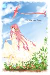  barefoot bird blue_sky blush cloud day dress emma_x_flower flower french green_eyes highres horns long_hair looking_at_viewer mushroom original outdoors pink_hair sheep_horns skirt_hold sky smile solo standing tiptoes very_long_hair yellow_dress 