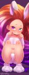  animal_ears ass born-to-die brown_hair bunny_ears gradient_hair grin heterochromia highres league_of_legends long_hair multicolored_hair navel paw_pose paw_shoes purple_hair shoes short_shorts shorts smile solo squatting strapless tubetop very_long_hair white_shorts white_tubetop zoe_(league_of_legends) 