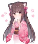  animal_ears bangs baozi blush bow brown_eyes brown_hair eyebrows_visible_through_hair fingernails floral_print food fox_ears hair_bow highres holding holding_food japanese_clothes kimono konohana_kitan long_hair long_sleeves makiaato obi pink_kimono print_kimono red_bow sakura_(konohana_kitan) sash simple_background solo very_long_hair white_background wide_sleeves 