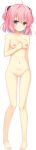  absurdres ahoge arms_behind_back ass_visible_through_thighs breasts collarbone eyebrows_visible_through_hair full_body hand_on_own_chest highres kojima_misaki long_image looking_at_viewer medium_breasts natsuiro_ramune navel nipples no_pussy nude official_art pigeon-toed pink_eyes pink_hair sesena_yau smile solo tall_image transparent_background two_side_up 