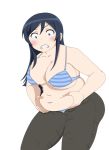  alternate_breast_size aragaki_ayase ass belly belly_grab blue_bra blue_eyes blue_panties blush bra breasts cleavage clenched_teeth commentary_request crotch_seam embarrassed eyebrows_visible_through_hair fat frown hair_between_eyes hips large_breasts long_hair muffin_top navel open_fly ore_no_imouto_ga_konna_ni_kawaii_wake_ga_nai panties pants partial_commentary plump shakeda teeth thighs tight tight_pants undersized_clothes underwear weight_conscious wide-eyed 
