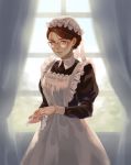  apron brown_hair dress emma_(victorian_romance_emma) frilled_apron frills glasses hair_bun handkerchief hirosaworks lips maid maid_apron maid_cap maid_headdress puffy_sleeves realistic round_eyewear short_hair solo victorian victorian_maid victorian_romance_emma window 