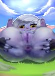  1girl absurdres anus blue_skin feet highres league_of_legends licking_lips naughty_face pov pussy riot_games sky solo spread_anus spread_ass tristana yordle 
