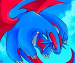  claws cloud cloudy_sky commentary dated flying full_body gen_3_pokemon looking_at_viewer no_humans outdoors pokemon pokemon_(creature) red_eyes red_wings rock-bomber salamence signature sky solo tail wings 
