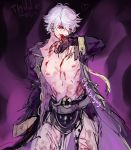  blood blood_on_face controller cowboy_shot cuts dark_persona fire_emblem fire_emblem:_kakusei fire_emblem_heroes gimurei glowing glowing_eyes heart highres injury male_focus male_my_unit_(fire_emblem:_kakusei) my_unit_(fire_emblem:_kakusei) nipple_piercing nipples piercing purple_background robe silver_hair solo tofucakes torn_clothes twitter_username 