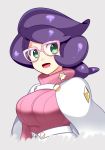  1girl absurdres blush breasts eyebrows_visible_through_hair female glasses green_eyes grey_background happy highres large_breasts looking_at_viewer open_mouth pink-framed_eyewear pink_sweater pokemon pokemon_(game) pokemon_sm purple_hair ribbed_sweater short_hair simple_background smile solo sweater turtleneck turtleneck_sweater upper_body wicke_(pokemon) yuihiko 