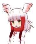  bangs blunt_bangs blush commentary eyebrows_visible_through_hair head_wings japanese_crested_ibis_(kemono_friends) kemono_friends looking_away multicolored_hair open_mouth red_hair ribbon sd_(s-di) sidelocks simple_background solo two-tone_hair upper_body upper_teeth white_background white_hair yellow_eyes 