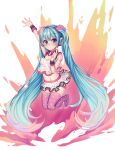  absurdres aqua_eyes aqua_hair arm_up blush eyebrows_visible_through_hair full_body hatsune_miku headphones highres kk_(aky2374) long_hair looking_at_viewer midriff number_tattoo polka_dot polka_dot_legwear purple_legwear redial_(vocaloid) skirt solo tattoo thighhighs twintails very_long_hair vocaloid wrist_cuffs 