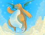  claws cloud cloudy_sky commentary creature day dragon dragonite flying full_body gen_1_pokemon looking_away no_humans outdoors pokemon pokemon_(creature) rock-bomber sky smile solo tail wings yellow_eyes 