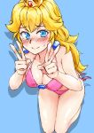  bad_id bad_pixiv_id bare_arms bare_legs bare_shoulders bikini blonde_hair blue_eyes blue_pupils blush breasts brooch cleavage closed_mouth collarbone commentary_request crown double_v earrings eyebrows_visible_through_hair from_side full_body hands_up highres jewelry long_hair looking_at_viewer looking_up mario_(series) medium_breasts navel nose_blush pink_bikini princess_peach seiza side-tie_bikini side-tie_bottom sitting smile solo stomach super_mario_bros. sweat swimsuit tadd_(tatd) v 