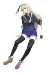  :d black_legwear blonde_hair boots breasts brown_eyes drink drinking_straw epitaph_(1122) highres kantai_collection long_hair looking_at_viewer medium_breasts open_mouth overalls shimakaze_(kantai_collection) sitting smile solo starbucks teeth thighhighs 