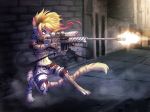  anthro blonde_hair blood canine clothed clothing female gun hair mammal midriff navel one_eye_closed pink_hair ranged_weapon rifle sniper_rifle solo spaceweasel2306 torn_clothing weapon 