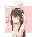  akagi_(kantai_collection) alternate_costume arms_up asakawa_shinka black_hair blush breasts brown_hair bunny_hair_ornament camisole choker collarbone commentary ears_visible_through_hair eyebrows_visible_through_hair gloves hair_between_eyes hair_ornament hairband kantai_collection looking_at_viewer parted_lips sleeveless small_breasts solo upper_body white_gloves white_neckwear younger 